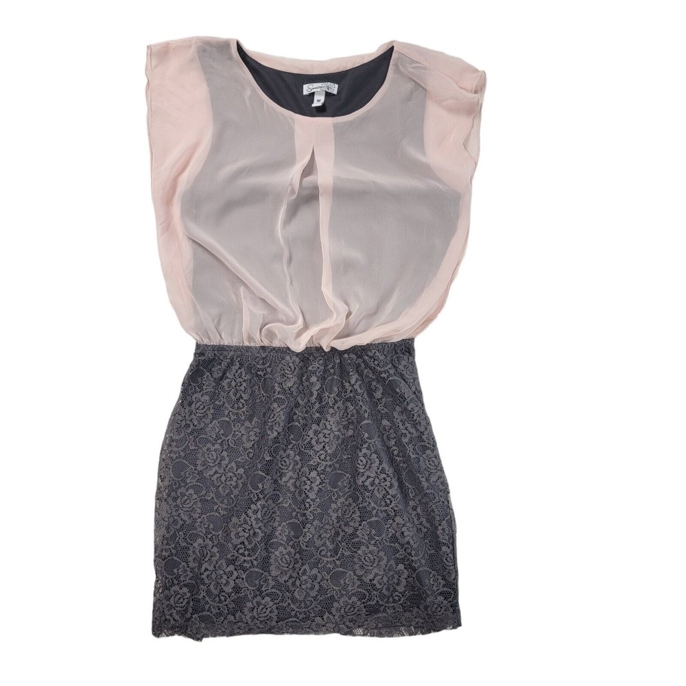 Speechless Mini Sleeveless Dress Blouson Top Sz M Skirt  Pink Chiffon Gray Lace - Picture 9 of 16